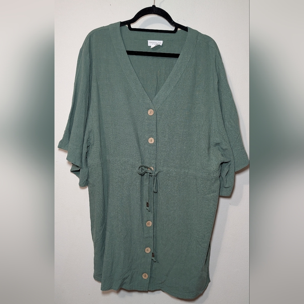 Chicsoul Linen Blend Tunic Green Button-Up Tie Waist V-neck Women's Size 1X